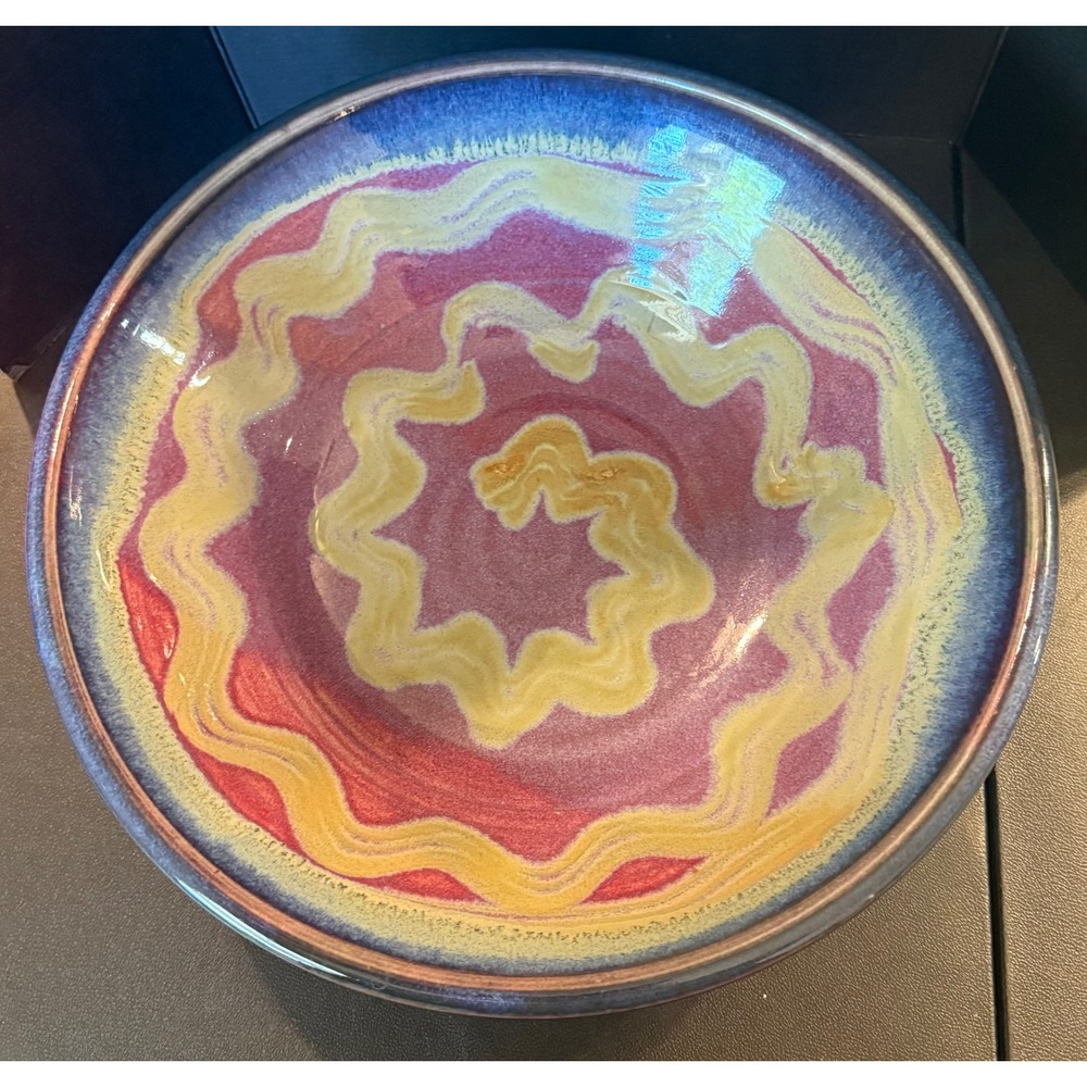 Studio Art Pottery Serving Bowl Multi Color Purple Spiral Glaze‎ Statement Boho - Picture 3 of 5
